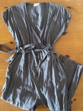 Women's, Linen Wrap Jumpsuit, Cropped, Wide Leg, Gray, Small